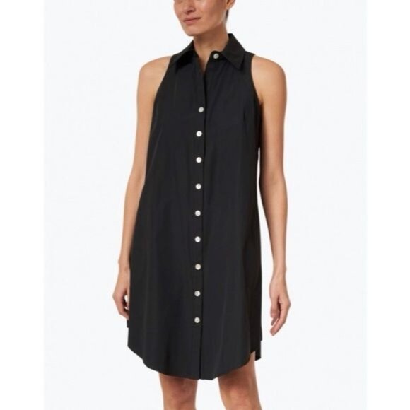 Finley Dresses & Skirts - Finley Black Poplin Swing Shirt Dress Womens L Button Down Front Sleeveless